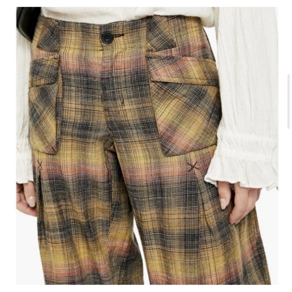 NWT 108$ Free People Plaid Wide Leg Moss Combo Cargo Pants 6 - Picture 2 of 14